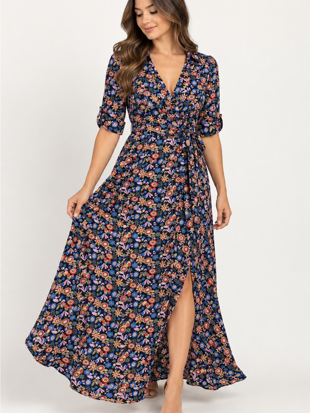 Boden Navy Floral Wrap Maxi Dress